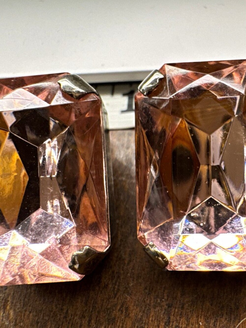 Pink Crystal Rectangle Faceted Clip-On Stud Earrings Silver Tone Prong Set